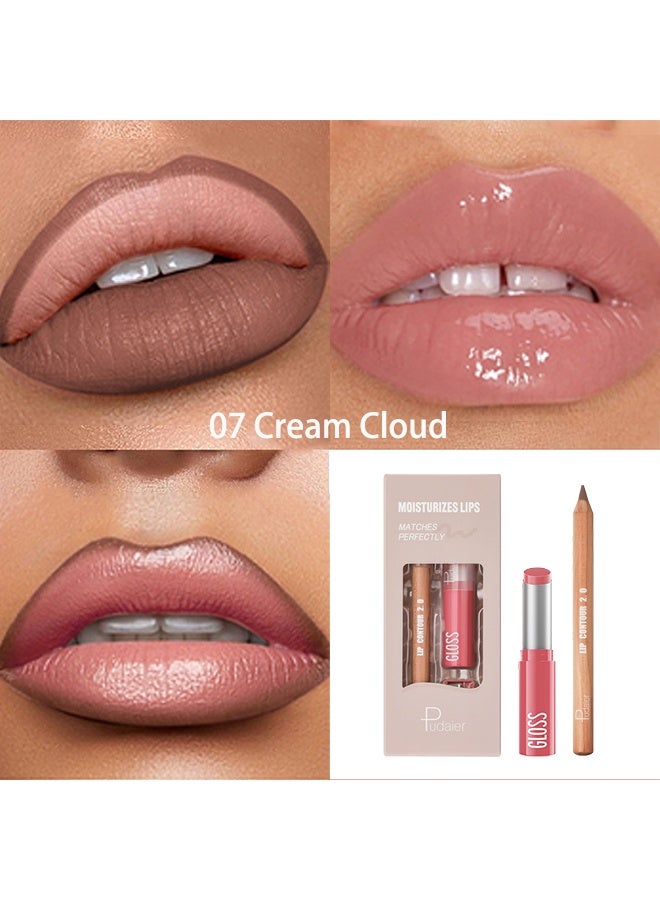 بوداير ترطب الشفاه، مجموعة أحمر الشفاه وأقلام تحديد الشفاه، مجموعة قلم تحديد الشفاه وملمع الشفاه للنساء، قلم شفاه مطفي وأحمر شفاه مرطب ناعم مع مبراة، مجموعة مكياج شفاه غير لاصقة (07 سحابة كريم) - Image 2